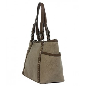 Tote Bag - 2-Side Pockets Leather-like Tote w/ Whipped & Buckled Straps - Gray - BG-MB1714GY